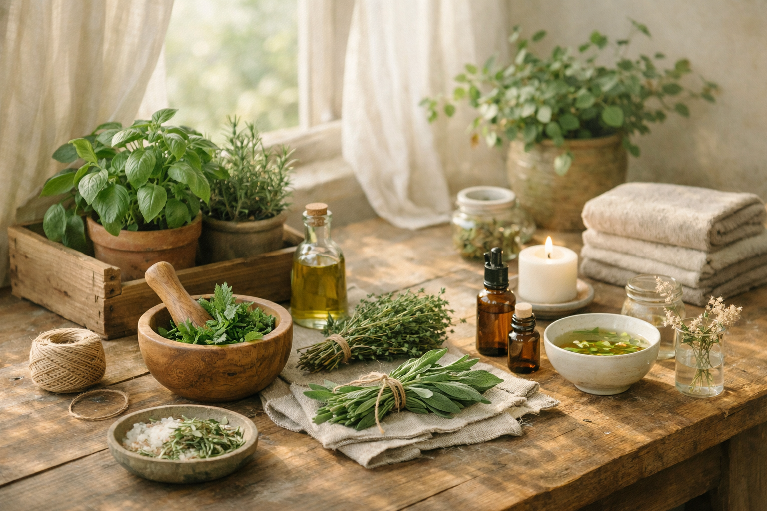 peaceful morning scene with natural light, fresh herbs on wooden table, calm wellness atmosphere, soft natural colors